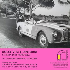 Locandina mostra con auto anni 60, Vittorio Gassman